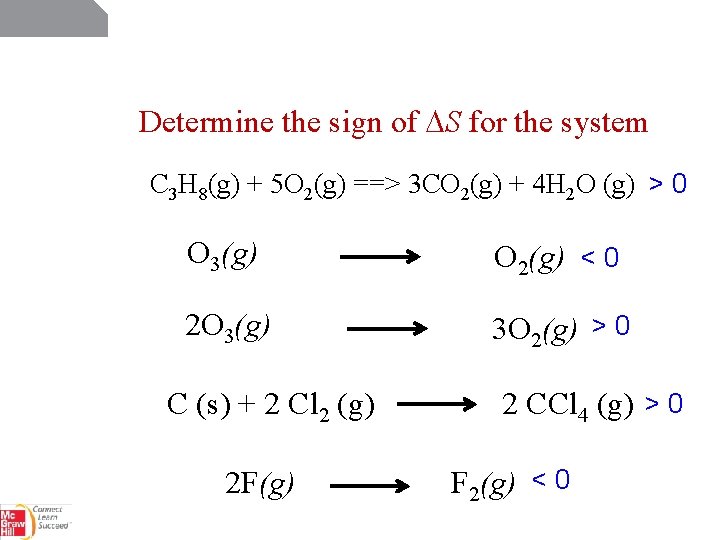 Determine the sign of S for the system C 3 H 8(g) + 5