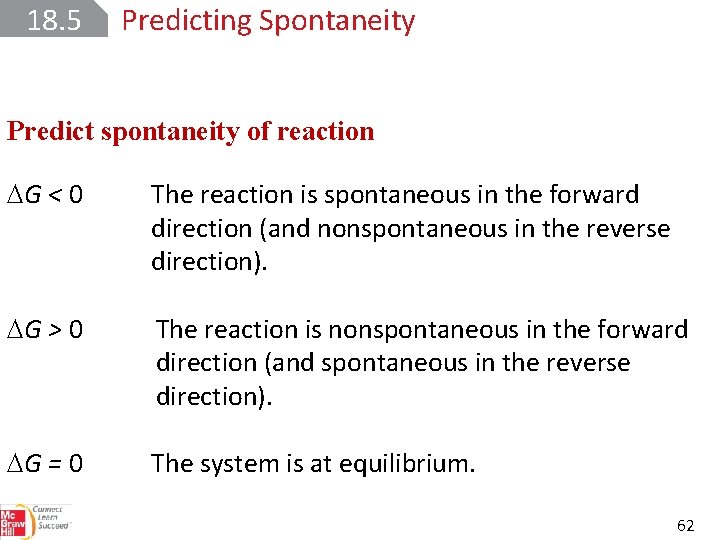 18. 5 Predicting Spontaneity Predict spontaneity of reaction G < 0 The reaction is