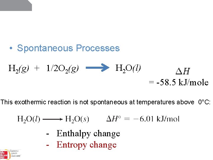  • Spontaneous Processes H 2(g) + 1/2 O 2(g) H 2 O(l) =