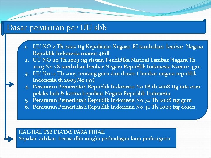 Dasar peraturan per UU sbb 1. UU NO 2 Th 2002 ttg Kepolisian Negara