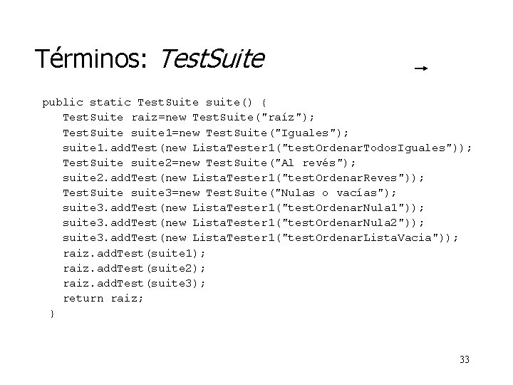 Términos: Test. Suite public static Test. Suite suite() { Test. Suite raiz=new Test. Suite("raíz");