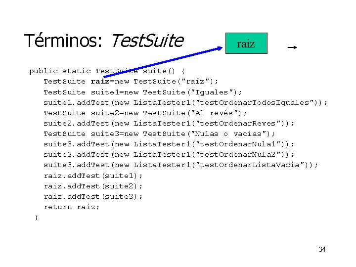 Términos: Test. Suite raiz public static Test. Suite suite() { Test. Suite raiz=new Test.