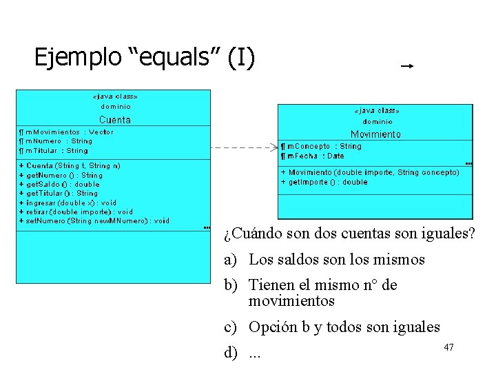 Ejemplo “equals” (I) ¿Cuándo son dos cuentas son iguales? a) Los saldos son los