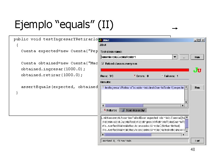 Ejemplo “equals” (II) public void test. Ingresar. YRetirarlo. Todo() throws Exception { Cuenta expected=new