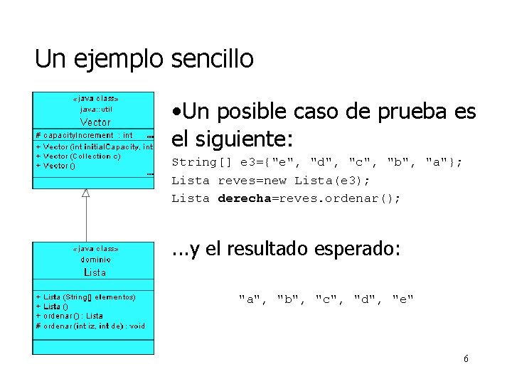 Un ejemplo sencillo • Un posible caso de prueba es el siguiente: String[] e
