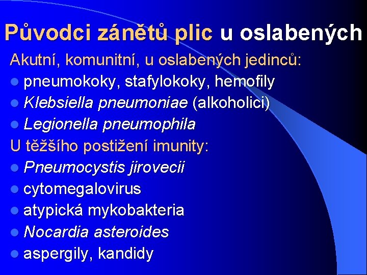 Původci zánětů plic u oslabených Akutní, komunitní, u oslabených jedinců: l pneumokoky, stafylokoky, hemofily