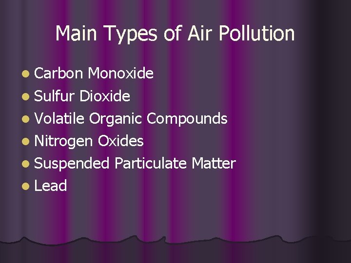 Main Types of Air Pollution l Carbon Monoxide l Sulfur Dioxide l Volatile Organic