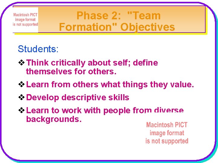 Phase 2: "Team Formation" Objectives Students: v Think critically about self; define themselves for
