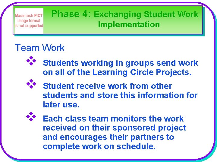 Phase 4: Exchanging Student Work Implementation Team Work v v v Students working in