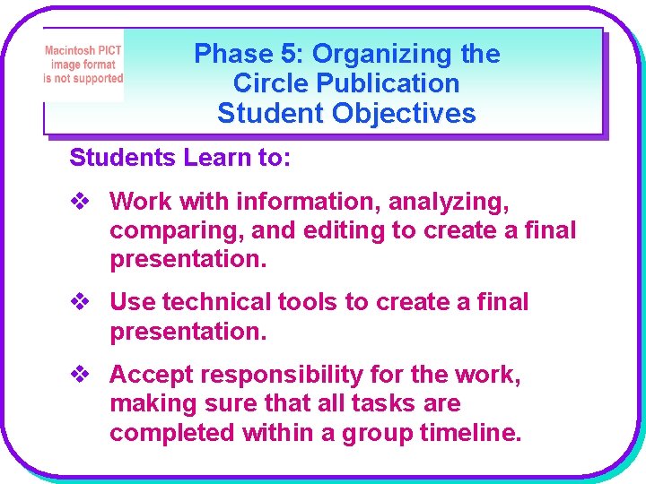 Phase 5: Organizing the Circle Publication Student Objectives Students Learn to: v Work with