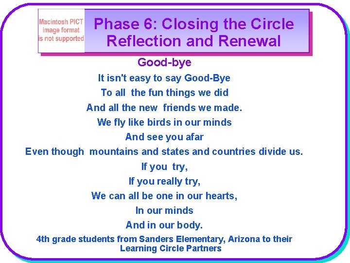 Phase 6: Closing the Circle Reflection and Renewal Good-bye It isn't easy to say