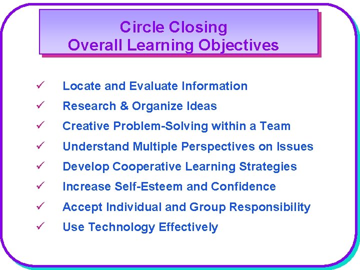 Circle Closing Overall Learning Objectives ü Locate and Evaluate Information ü Research & Organize