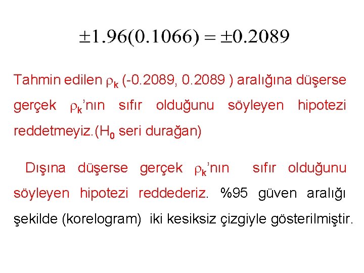 Tahmin edilen rk (-0. 2089, 0. 2089 ) aralığına düşerse gerçek rk’nın sıfır olduğunu