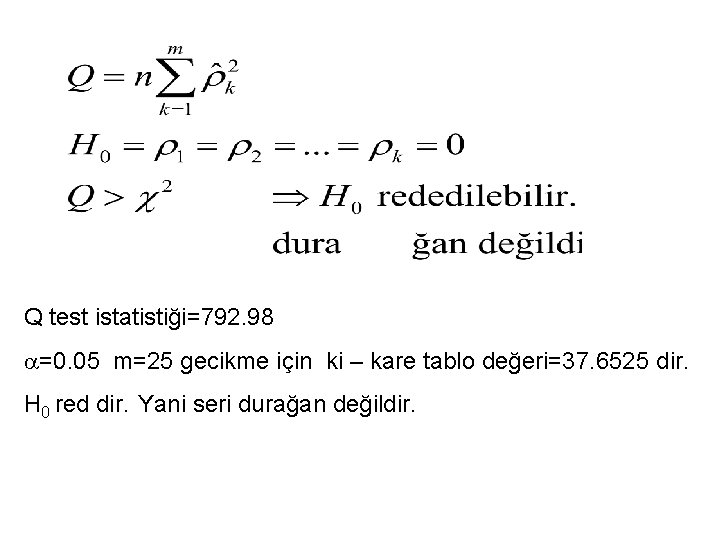 Q test istatistiği=792. 98 a=0. 05 m=25 gecikme için ki – kare tablo değeri=37.