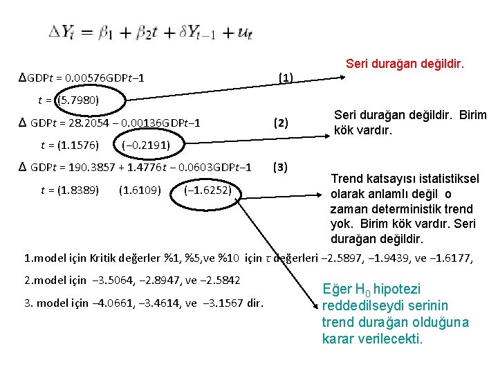 ΔGDPt = 0. 00576 GDPt− 1 (1) Seri durağan değildir. t = (5. 7980)