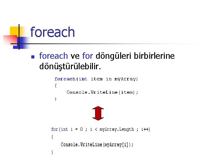 foreach n foreach ve for döngüleri birbirlerine dönüştürülebilir. 