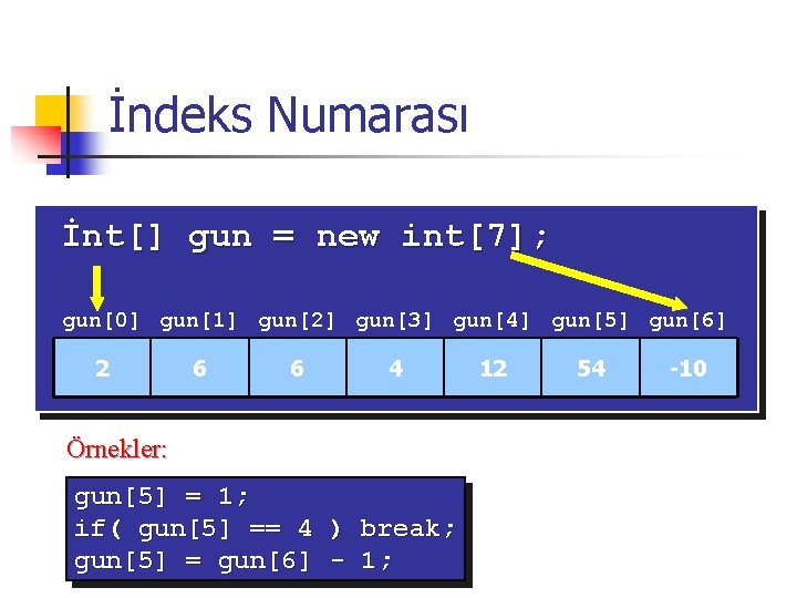 İndeks Numarası İnt[] gun = new int[7]; gun[0] gun[1] gun[2] gun[3] gun[4] gun[5] gun[6]