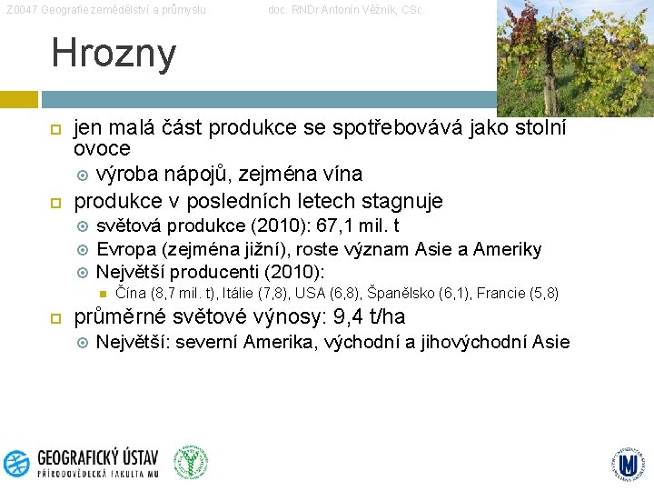 Z 0047 Geografie zemědělství a průmyslu doc. RNDr Antonín Věžník, CSc. Hrozny jen malá