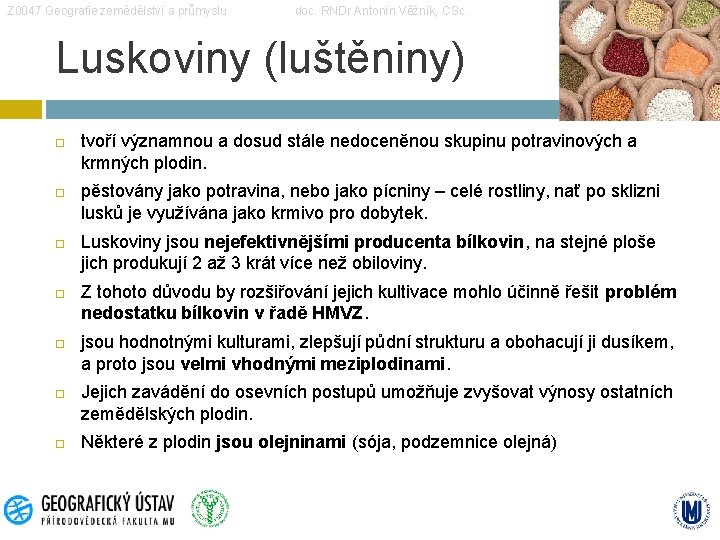 Z 0047 Geografie zemědělství a průmyslu doc. RNDr Antonín Věžník, CSc. Luskoviny (luštěniny) tvoří