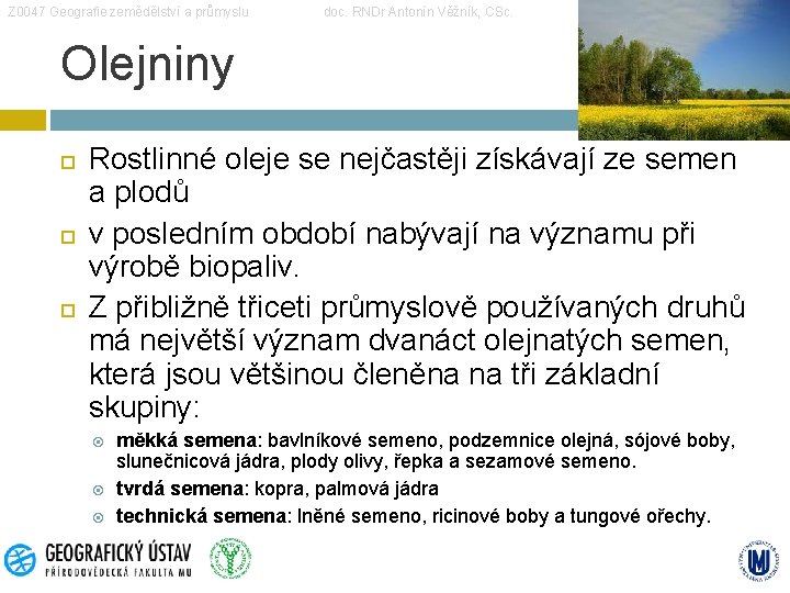 Z 0047 Geografie zemědělství a průmyslu doc. RNDr Antonín Věžník, CSc. Olejniny Rostlinné oleje