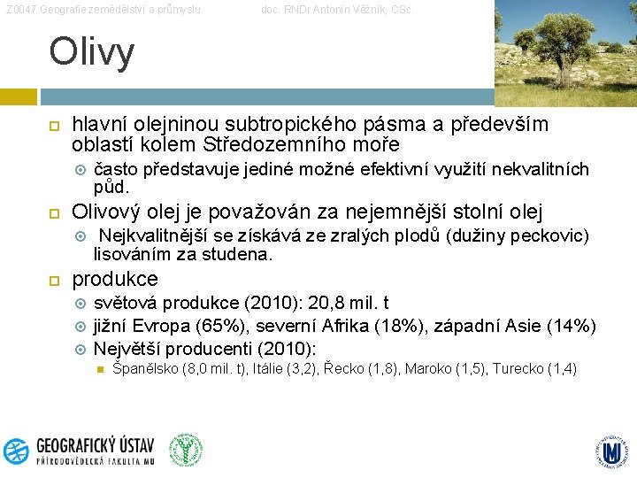 Z 0047 Geografie zemědělství a průmyslu doc. RNDr Antonín Věžník, CSc. Olivy hlavní olejninou