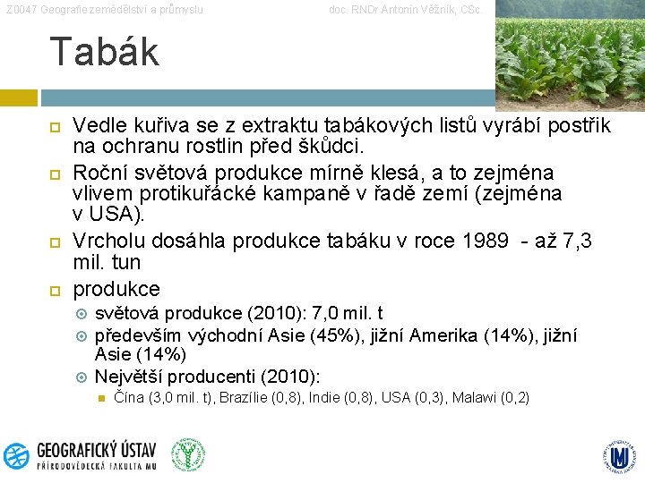 Z 0047 Geografie zemědělství a průmyslu doc. RNDr Antonín Věžník, CSc. Tabák Vedle kuřiva