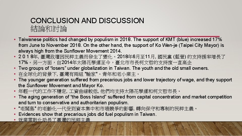 CONCLUSION AND DISCUSSION 結論和討論 • Taiwanese politics had changed by populism in 2018. The