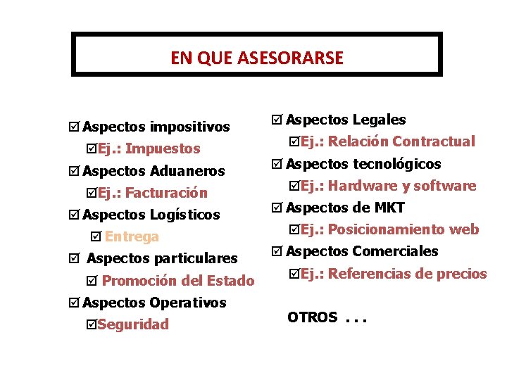 EN QUE ASESORARSE þ Aspectos impositivos þEj. : Impuestos þ Aspectos Aduaneros þEj. :