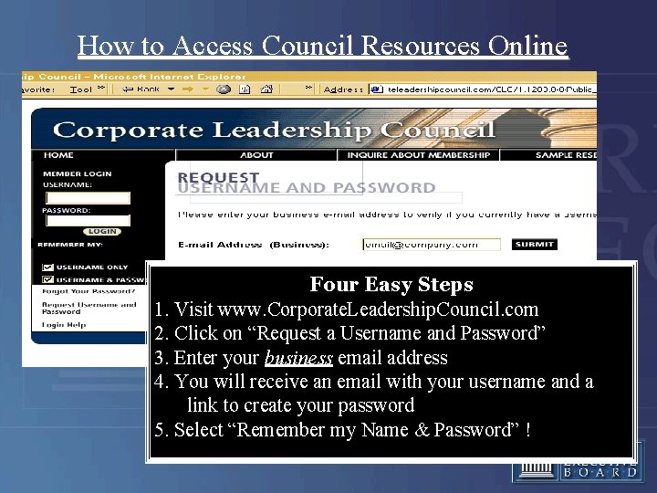 How to Access Council Resources Online Four Easy Steps 1. Visit www. Corporate. Leadership.