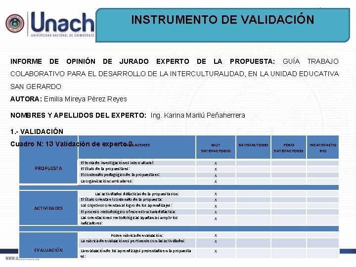 INSTRUMENTO DE VALIDACIÓN INFORME DE OPINIÓN DE JURADO EXPERTO DE LA PROPUESTA: GUÍA TRABAJO