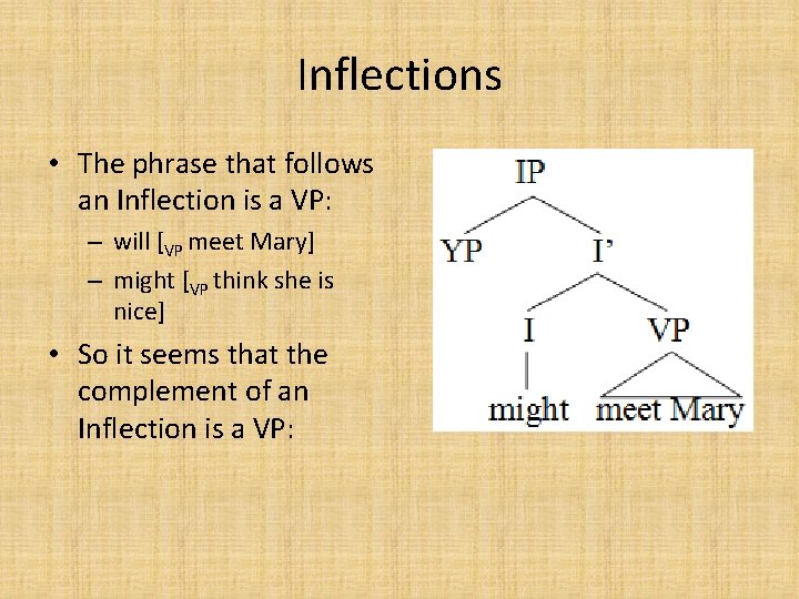 Inflections • The phrase that follows an Inflection is a VP: – will [VP