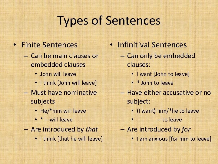 Types of Sentences • Finite Sentences – Can be main clauses or embedded clauses
