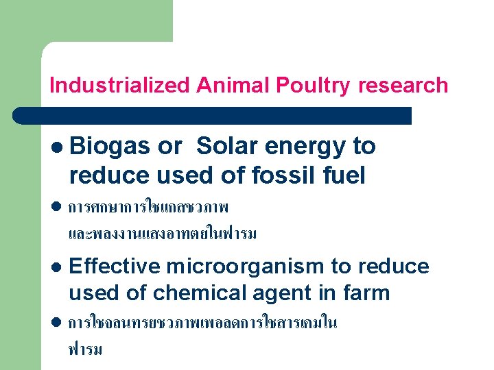Industrialized Animal Poultry research l Biogas or Solar energy to reduce used of fossil
