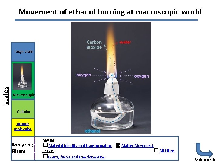 Movement of ethanol burning at macroscopic world scales Large scale Macroscopic Cellular Atomic molecular