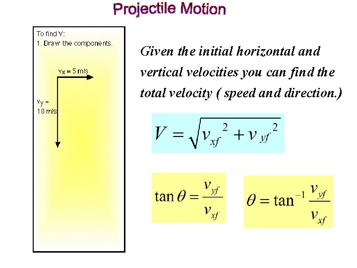 Given the initial horizontal and vertical velocities you can find the total velocity (