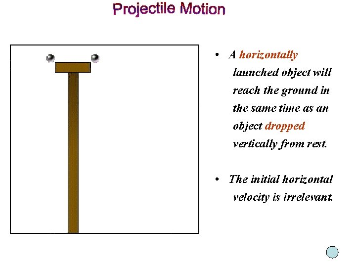  • A horizontally launched object will reach the ground in the same time