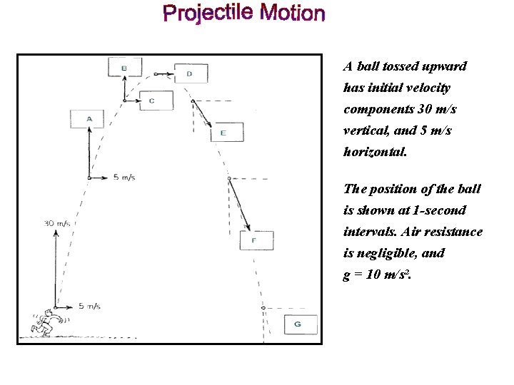 A ball tossed upward has initial velocity components 30 m/s vertical, and 5 m/s