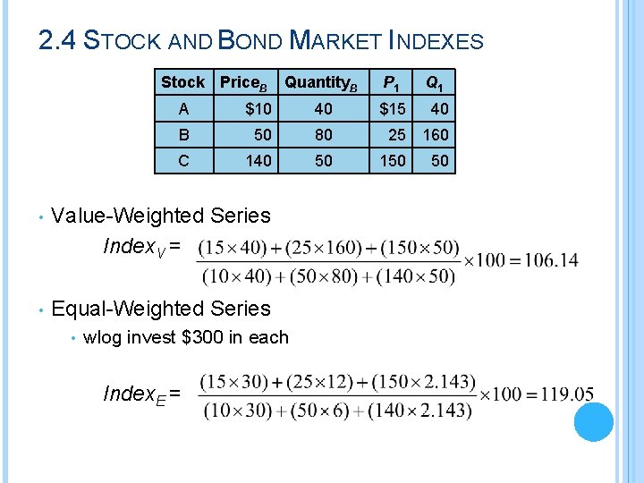 2. 4 STOCK AND BOND MARKET INDEXES Stock Price. B P 1 $15 A