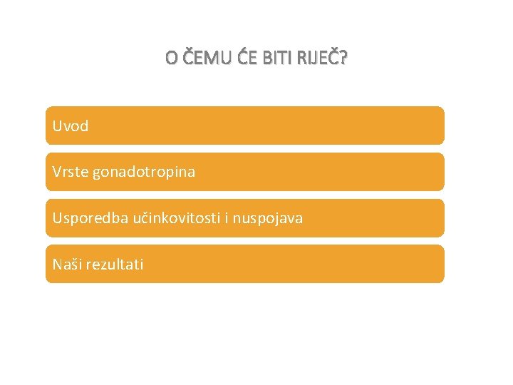 O ČEMU ĆE BITI RIJEČ? Uvod Vrste gonadotropina Usporedba učinkovitosti i nuspojava Naši rezultati