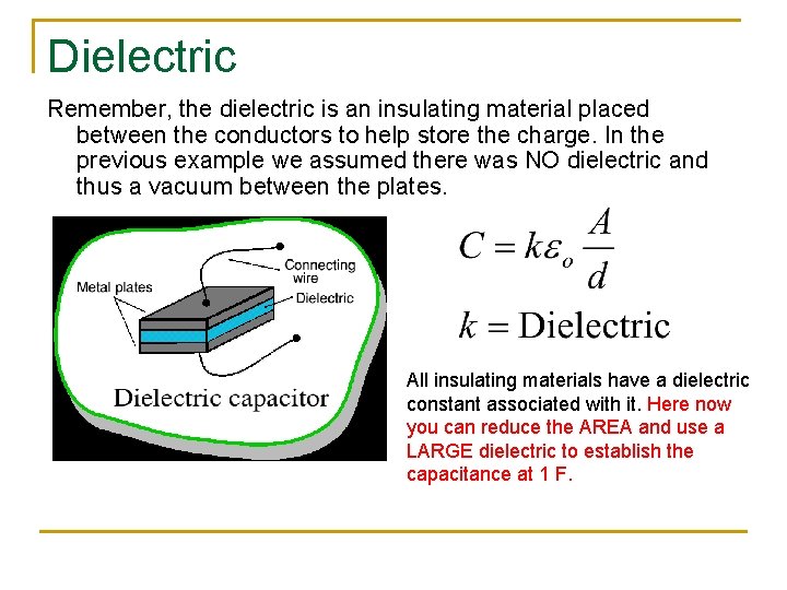 Dielectric Remember, the dielectric is an insulating material placed between the conductors to help Dielectric Remember, the dielectric is an insulating material placed between the conductors to help