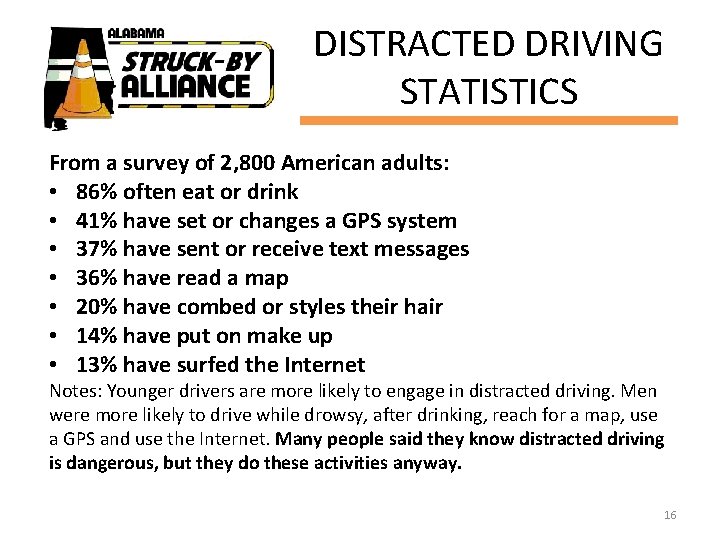 DISTRACTED DRIVING STATISTICS From a survey of 2, 800 American adults: • 86% often