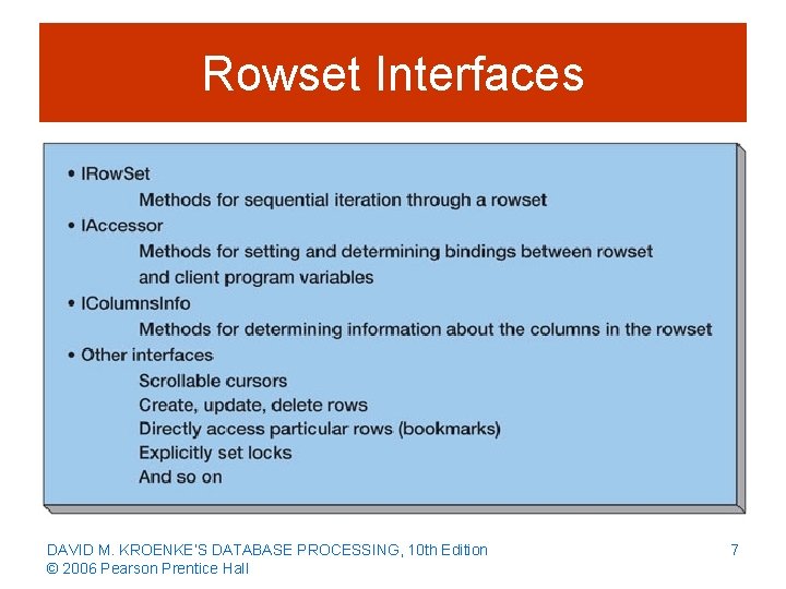 Rowset Interfaces DAVID M. KROENKE’S DATABASE PROCESSING, 10 th Edition © 2006 Pearson Prentice