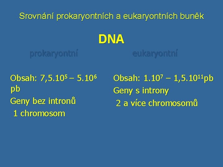 Srovnání prokaryontních a eukaryontních buněk DNA prokaryontní Obsah: 7, 5. 105 – 5. 106