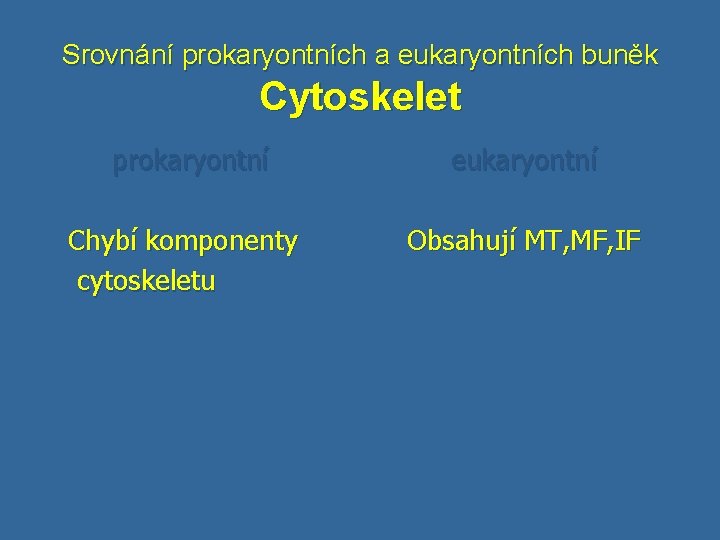 Srovnání prokaryontních a eukaryontních buněk Cytoskelet prokaryontní eukaryontní Chybí komponenty cytoskeletu Obsahují MT, MF,