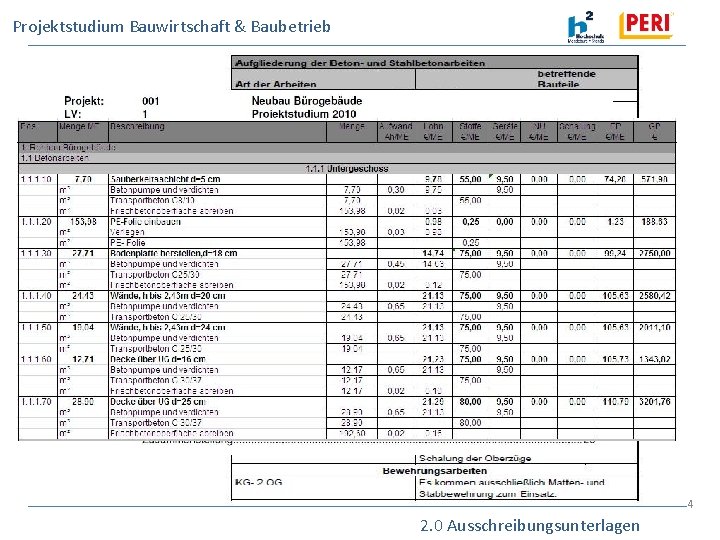 Projektstudium Bauwirtschaft & Baubetrieb 2. 0 Erstellung der Ausschreibungsunterlagen • Anlegen einer LV- Struktur