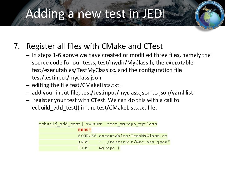 Adding a new test in JEDI 7. Register all files with CMake and CTest