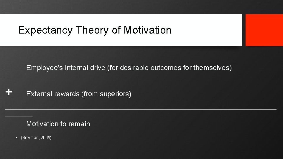 Expectancy Theory of Motivation Employee’s internal drive (for desirable outcomes for themselves) + External