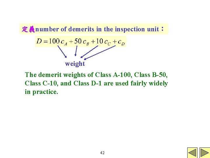 定義number of demerits in the inspection unit： weight The demerit weights of Class A-100,