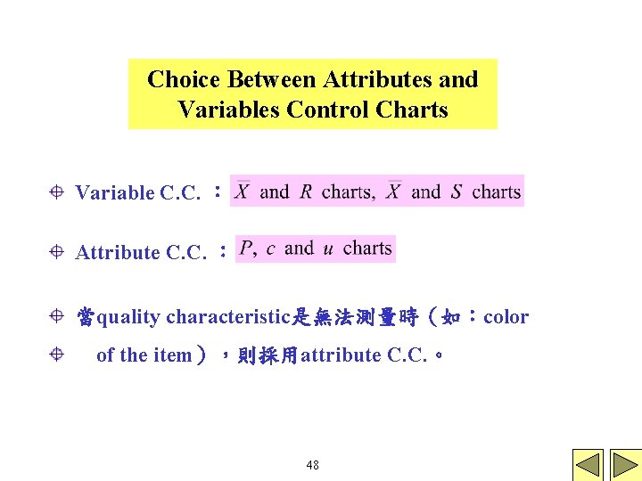 Choice Between Attributes and Variables Control Charts Variable C. C. ： Attribute C. C.
