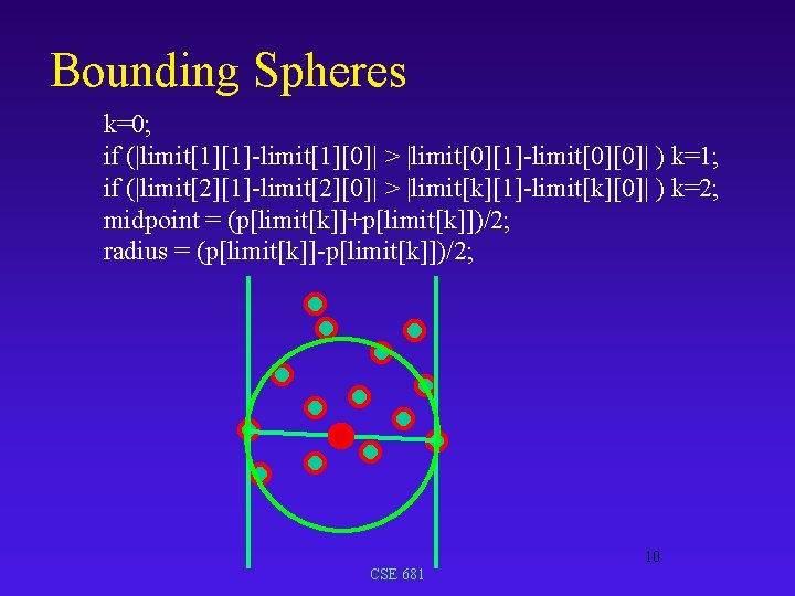 Bounding Spheres k=0; if (|limit[1][1]-limit[1][0]| > |limit[0][1]-limit[0][0]| ) k=1; if (|limit[2][1]-limit[2][0]| > |limit[k][1]-limit[k][0]| )